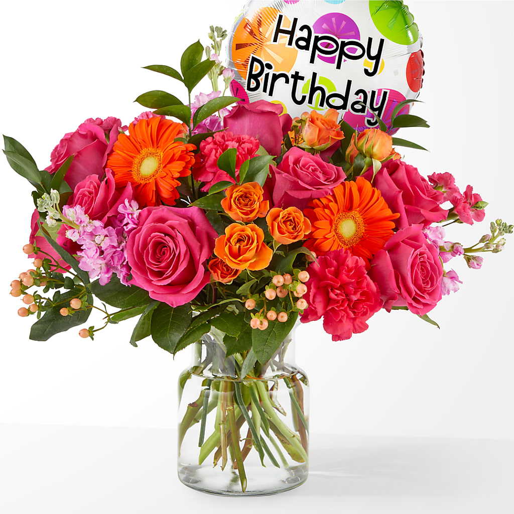 Fiesta Bouquet with Birthday Balloon – LEMON TREE FLOWERS & THINGS, Columbiana OH