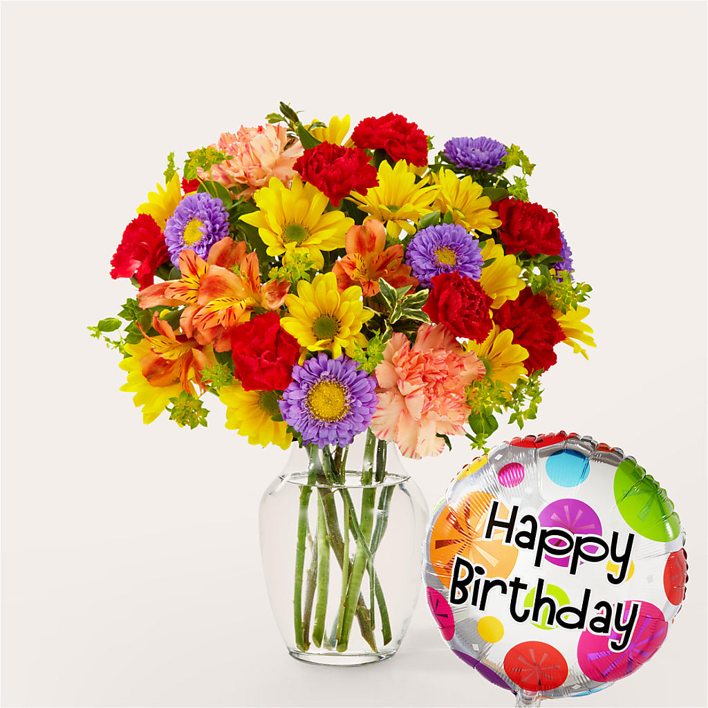 Kaleidoscope Bouquet with Birthday Balloon – LEMON TREE FLOWERS & THINGS, Columbiana OH