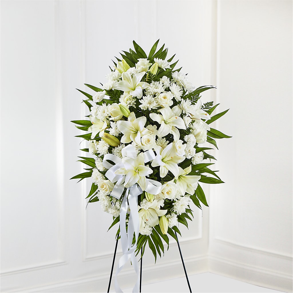 Exquisite Tribute Standing Spray-White Ribbon – LEMON TREE FLOWERS & THINGS, Columbiana OH